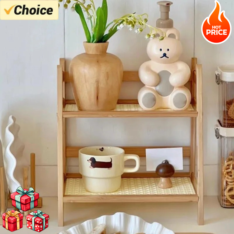 Desktop Organizer Bamboo - 2-Tier Cream Style Ladder Storage Shelf,