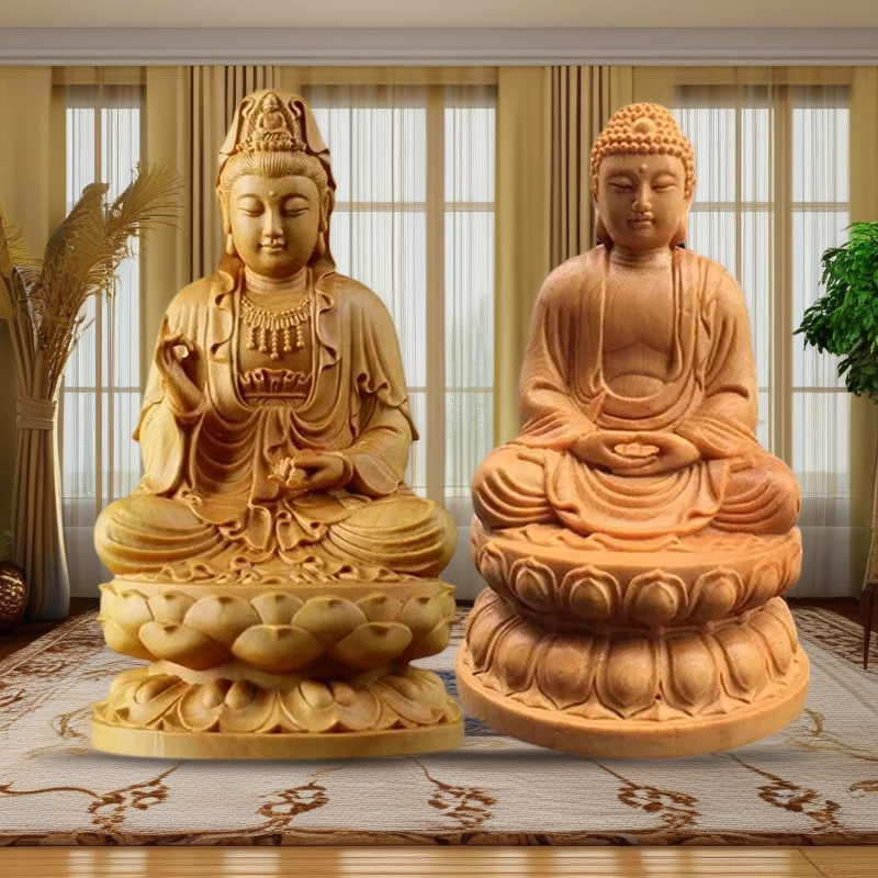 Home Office Feng Shui - Natural Cypress GuanYin, Sakyamuni Buddha Characters